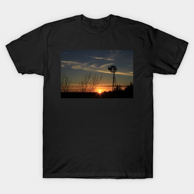 Windmill Sunset on the Kansas Prairie T-Shirt by ROBERTDBROZEK